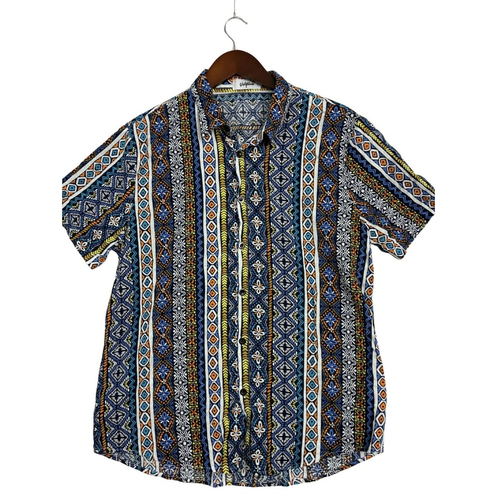 Vatpave Mens Medium Geometric Shirt Short Sleeve Button Up Navy Multicolor